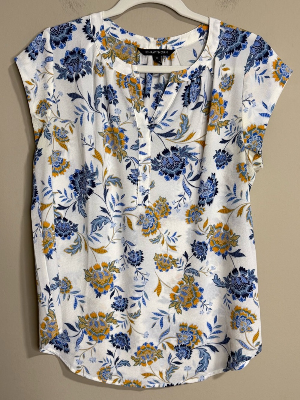 41 Hawthorn White Floral Short-Sleeve Blouse with Blue & Yellow Print